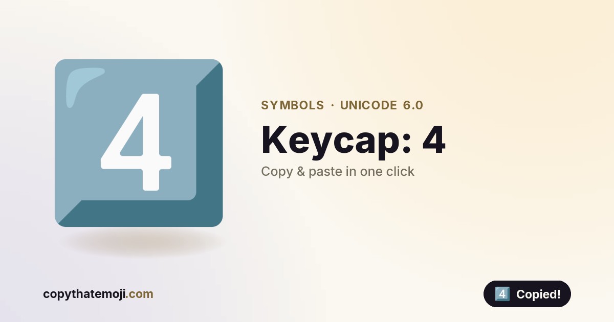 Key Cap Digit 4 4️⃣ Keycap: 4 Emoji (U+0034) — Meaning & Copy